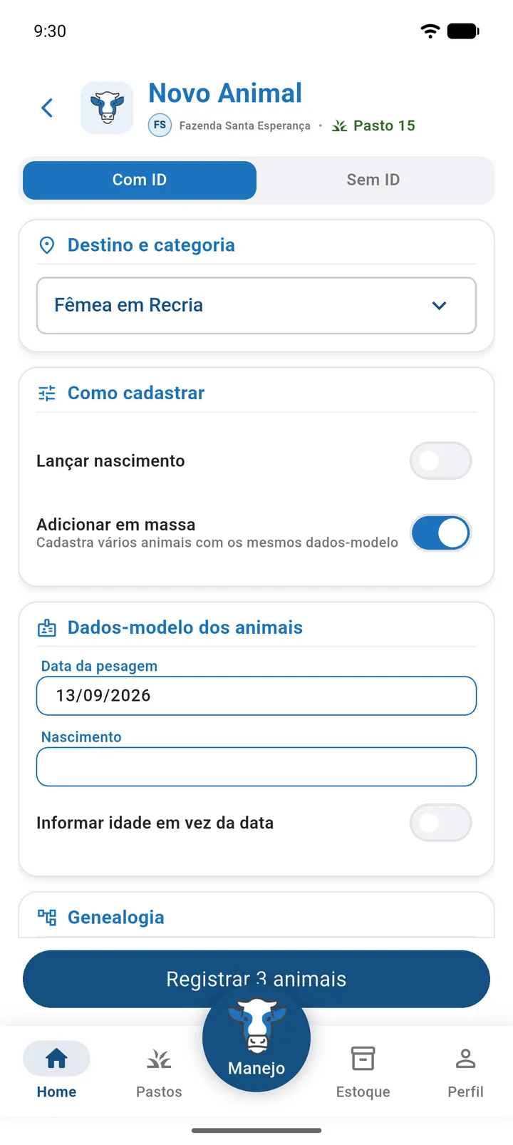 Tela Novo Animal com Adicionar em massa ligado e o cartão Animais da lista com três animais (parte 2)