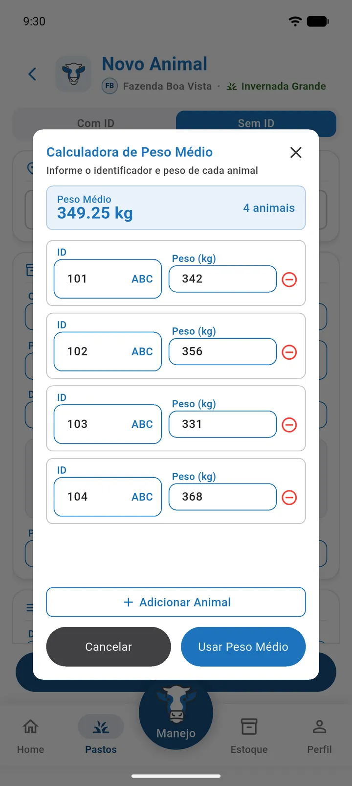 Calculadora de Peso Médio com várias linhas de identificador e peso e o Peso Médio calculado
