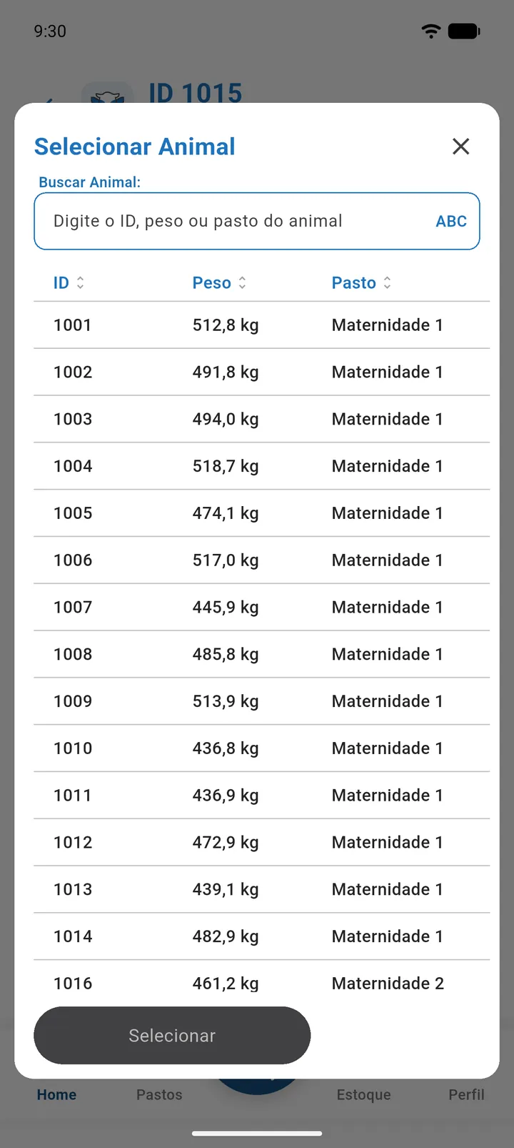 Cartão Genealogia com o botão Alterar matriz e a lista de fêmeas aberta