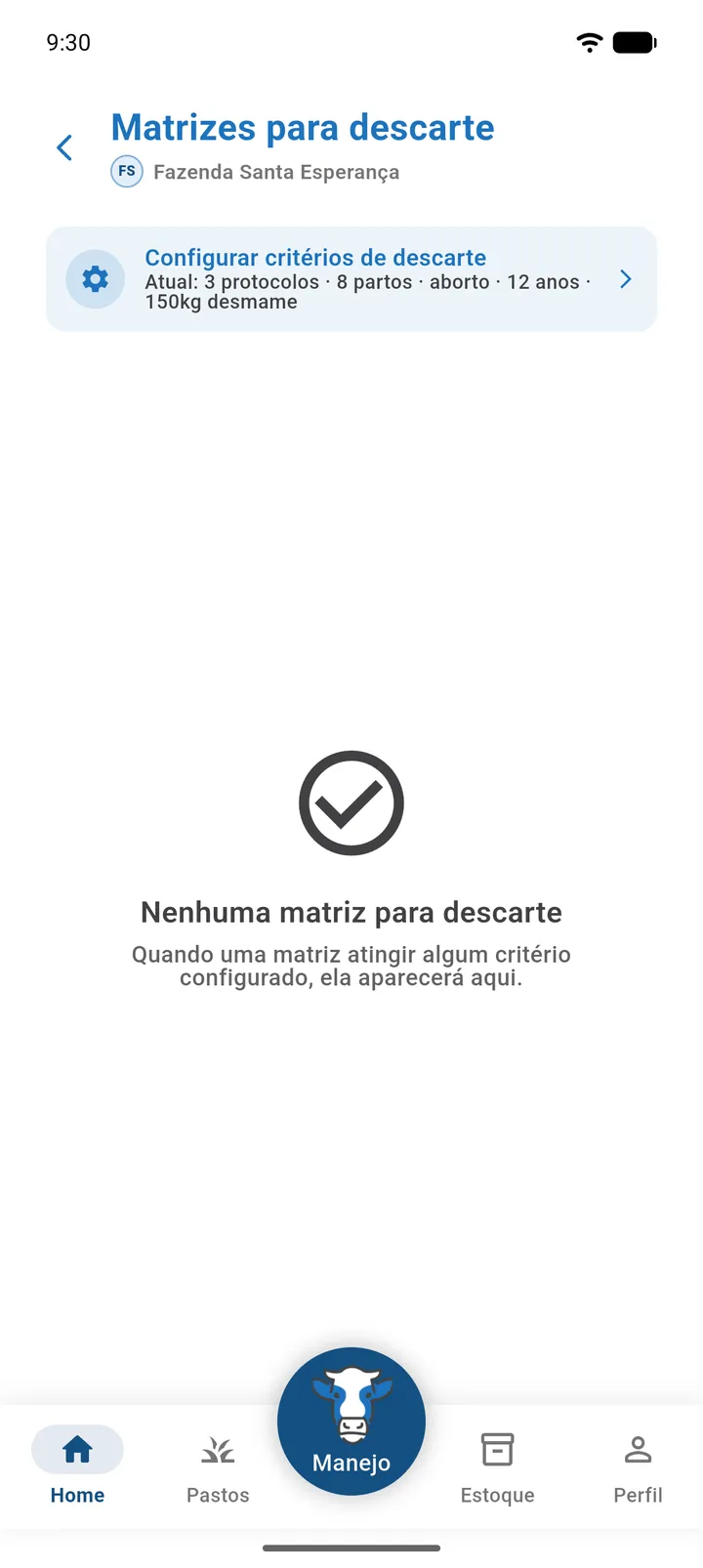 Tela Matrizes para descarte vazia, com a mensagem Nenhuma matriz para descarte
