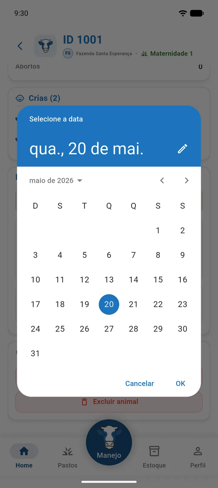Histórico de pesagens da ficha do animal com a edição de data aberta