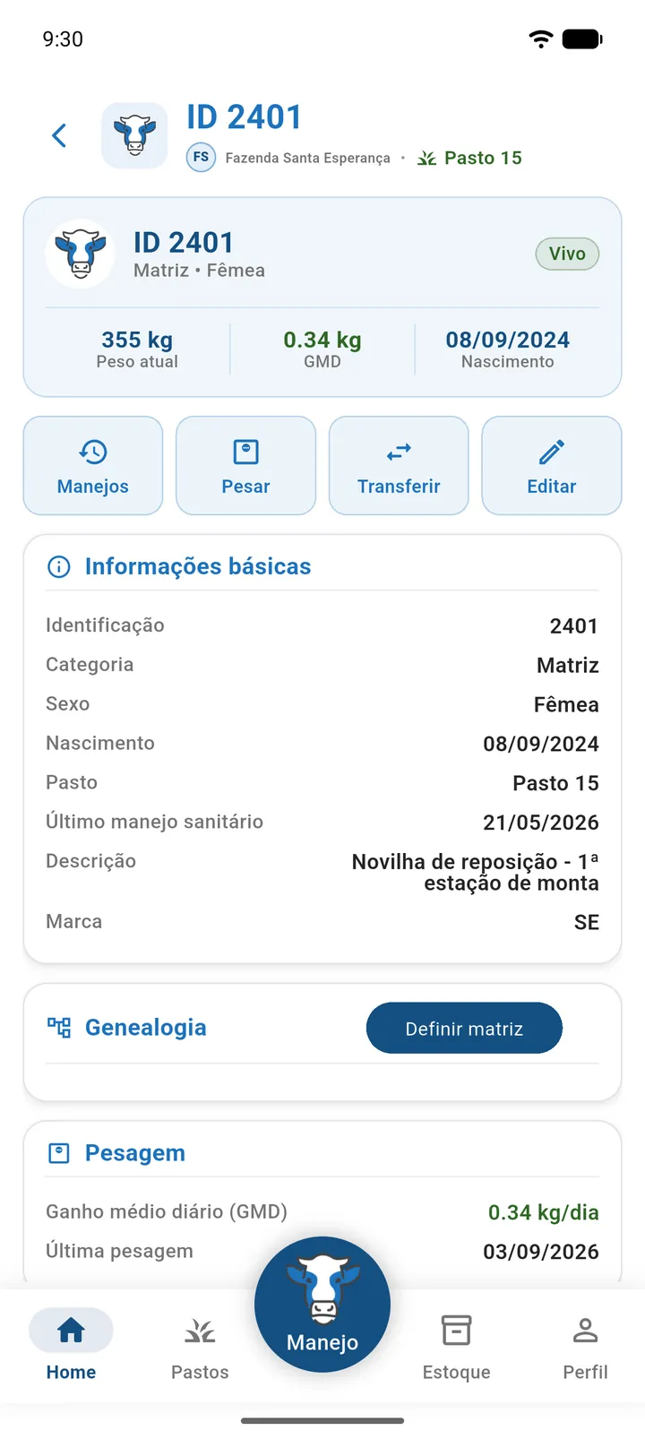 Ficha do animal com o cabeçalho, os atalhos Manejos, Pesar, Transferir e Editar e o cartão Informações básicas