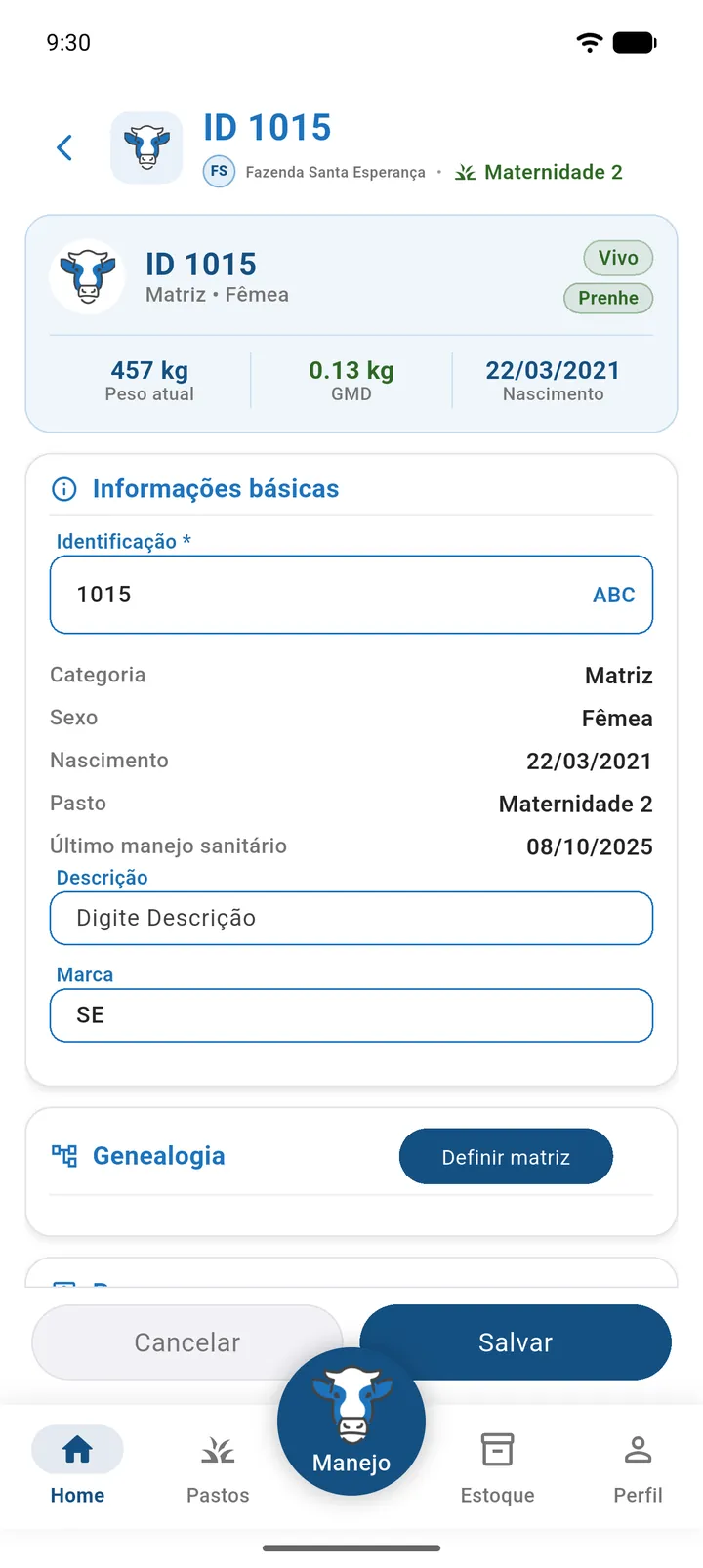 Ficha do animal em modo de edição com a barra Cancelar e Salvar