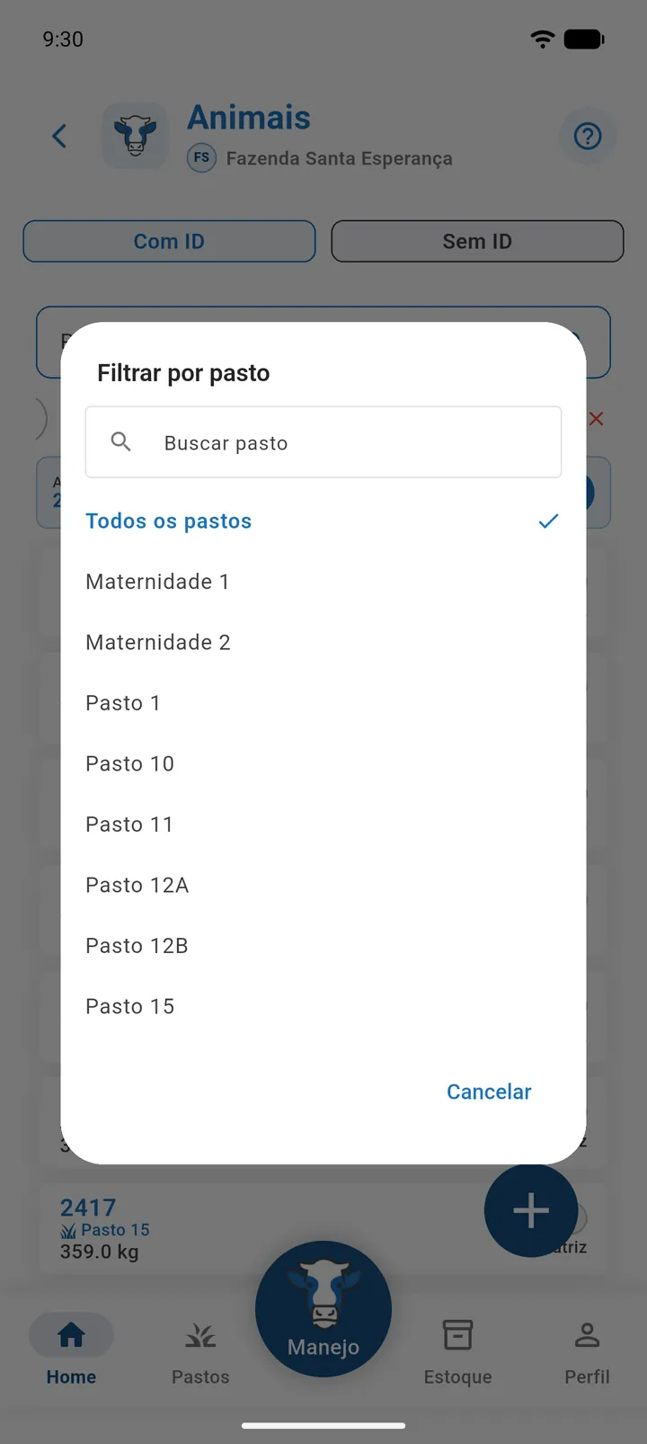 Diálogo Filtrar por pasto com o campo Buscar pasto e a lista de pastos