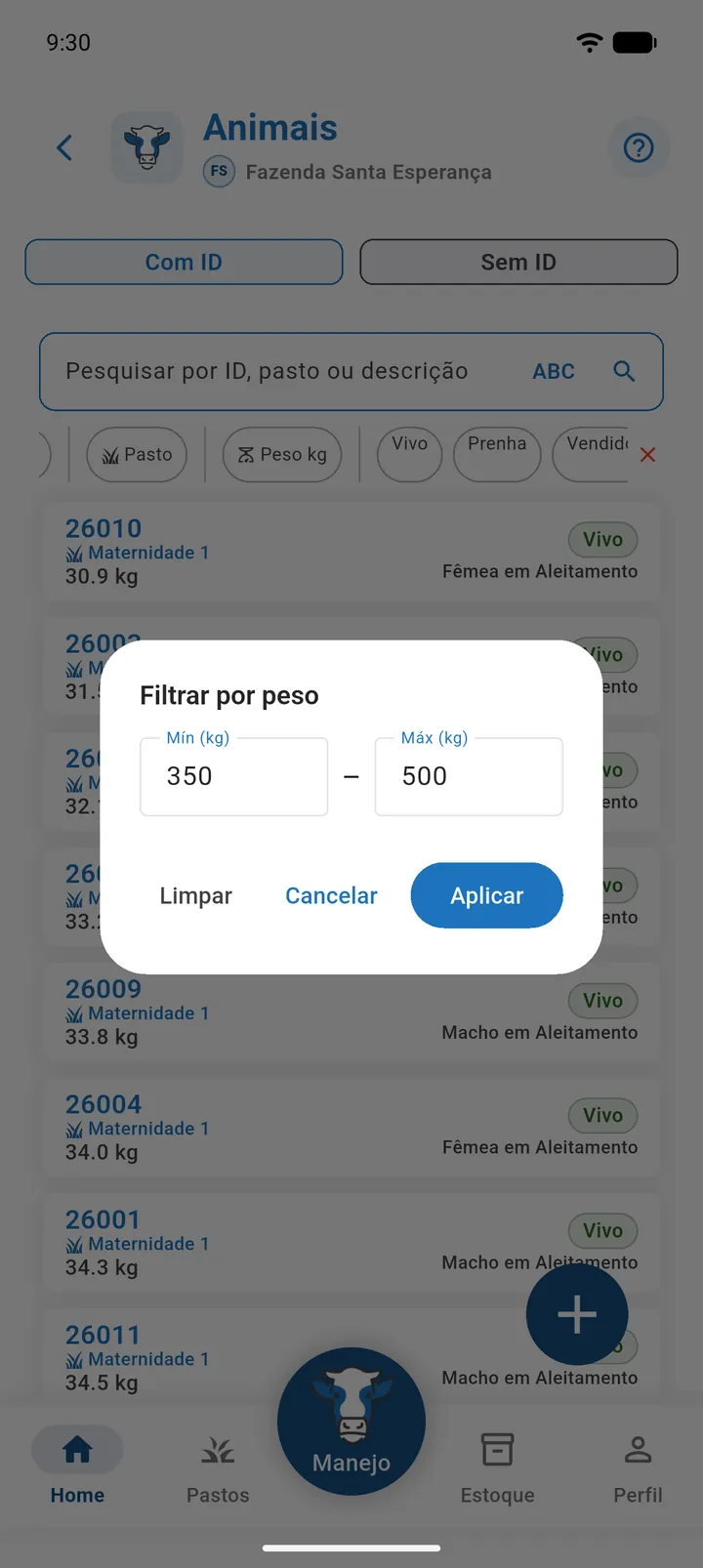 Diálogo Filtrar por peso com os campos Mín (kg) e Máx (kg) preenchidos