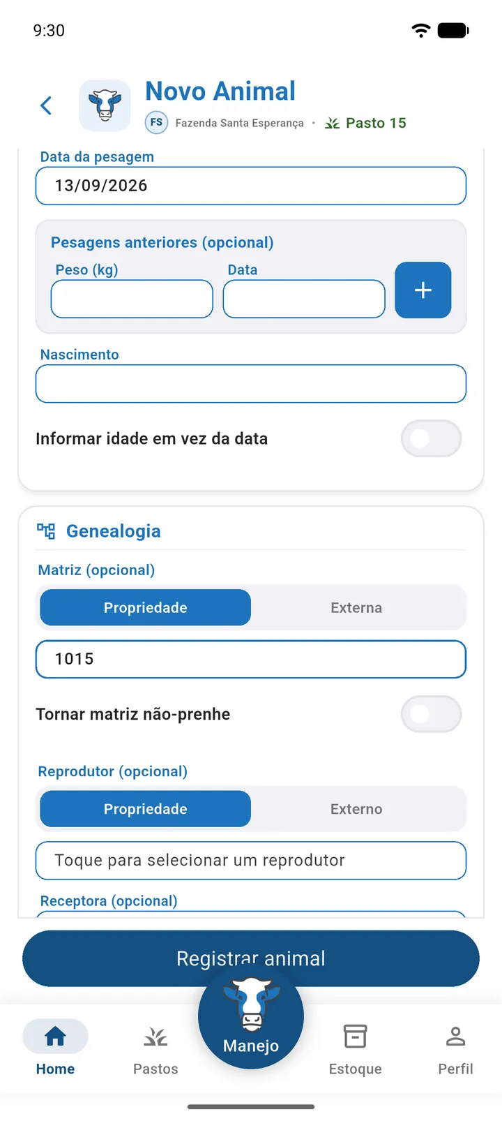 Seção Genealogia com a aba Propriedade, a matriz selecionada e a chave Tornar matriz não-prenhe