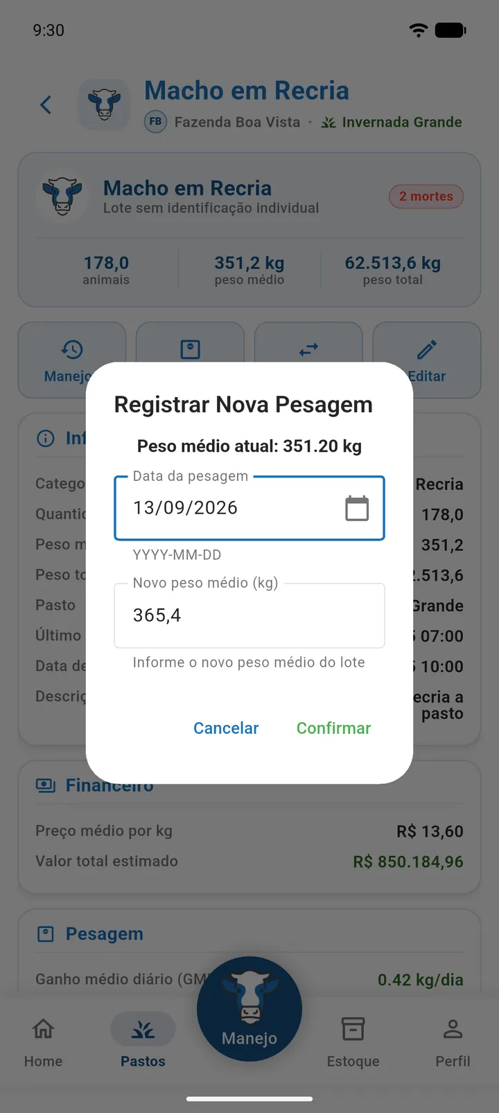 Diálogo Registrar Nova Pesagem do lote com Peso médio atual e Novo peso médio (kg)