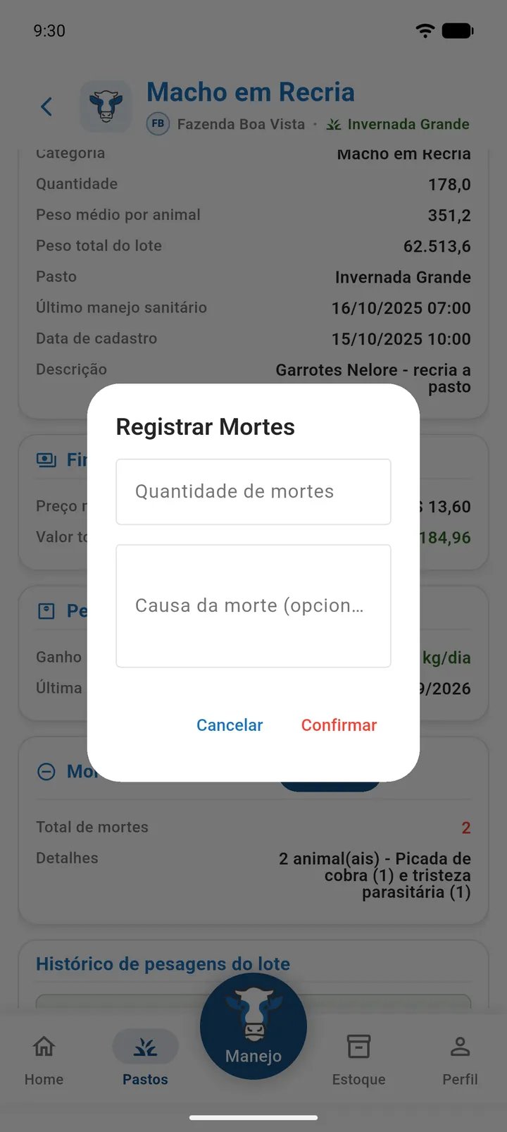 Diálogo Registrar Mortes com Quantidade de mortes e Causa da morte
