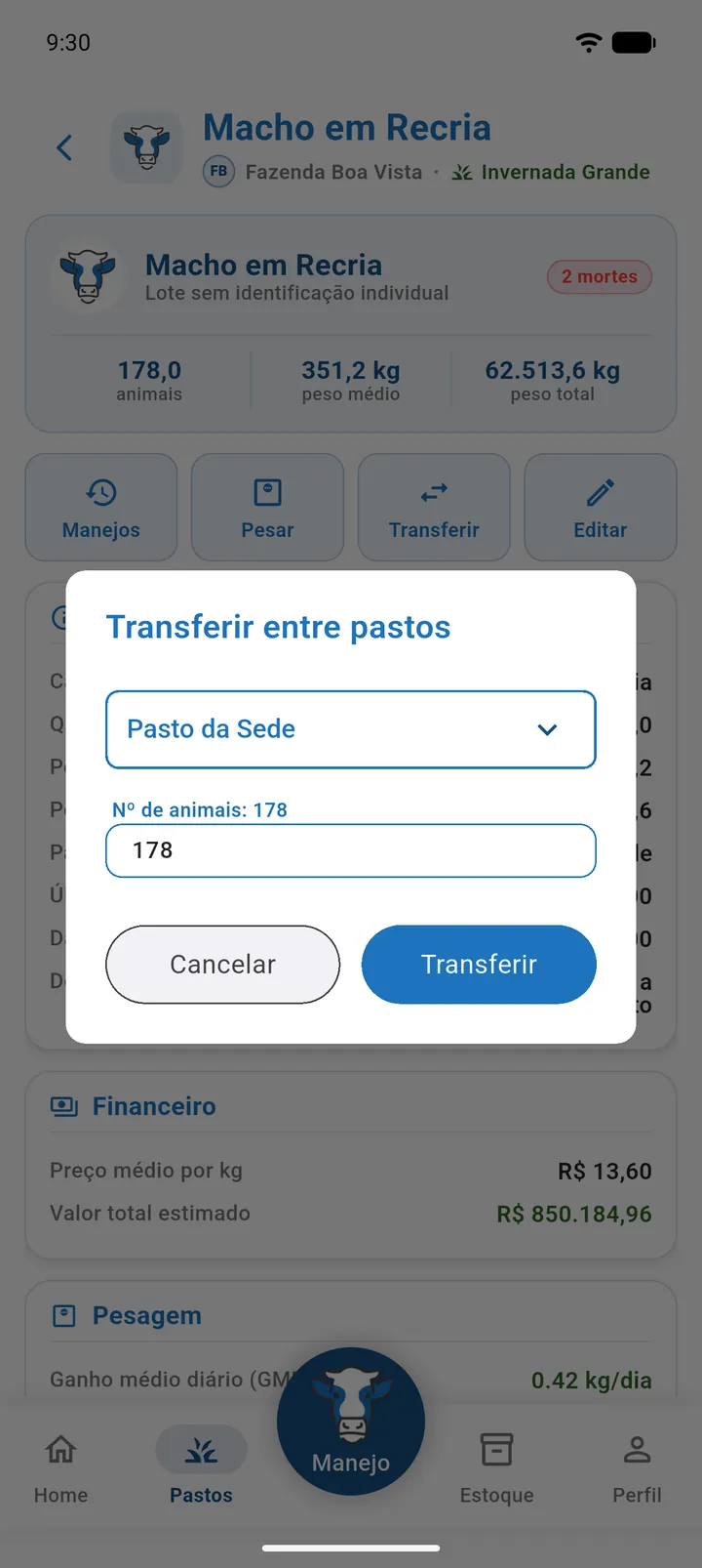 Diálogo de transferência do lote com o pasto de destino e a quantidade a transferir