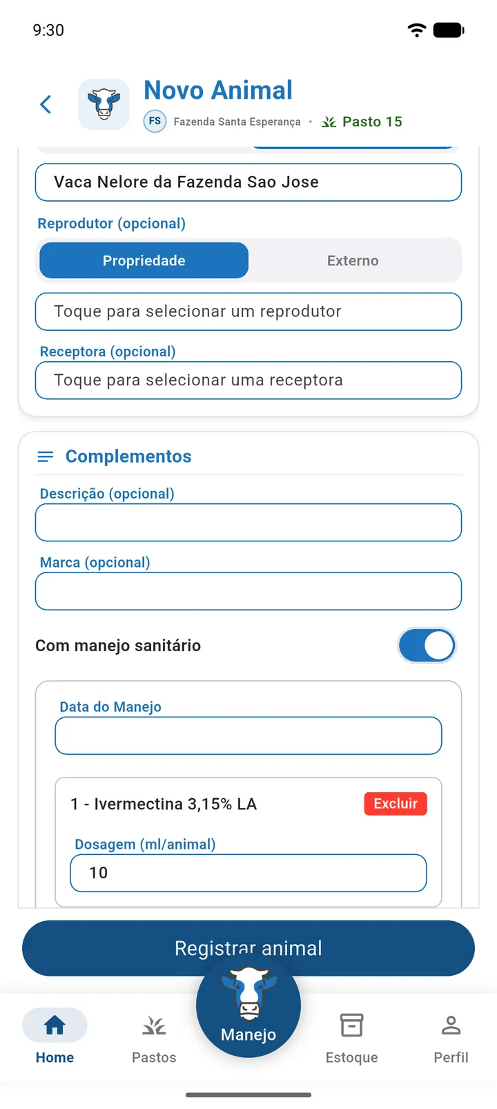 Seção Com manejo sanitário com a Data do Manejo, um insumo adicionado e a Dosagem (ml/animal)