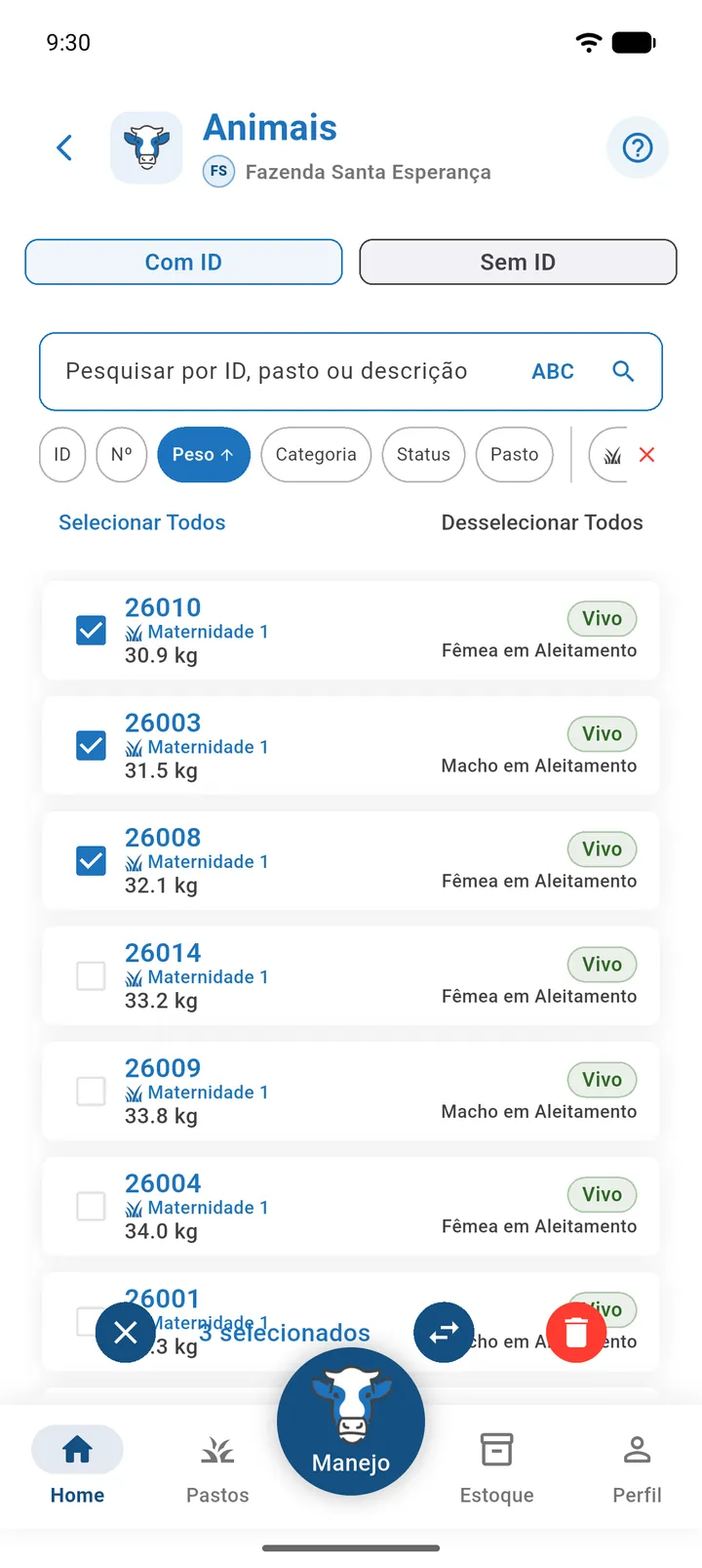 Modo de seleção com cartões marcados e a barra inferior com contador, Transferir e Excluir