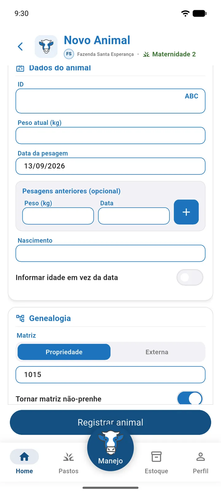 Tela Novo Animal aberta pelo Dar à luz, com Lançar nascimento ligado e a matriz preenchida (parte 2)