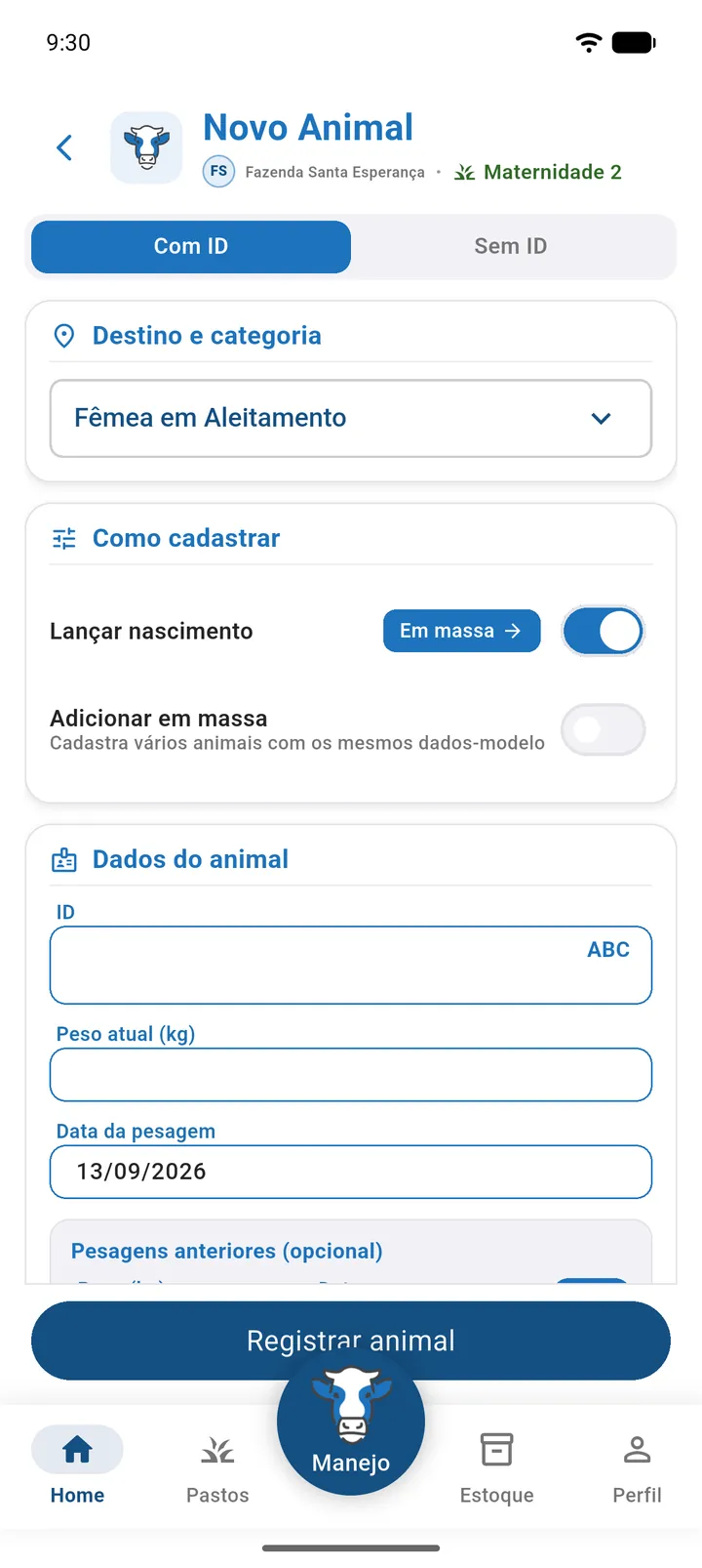 Tela Novo Animal aberta pelo Dar à luz, com Lançar nascimento ligado e a matriz preenchida (parte 1)