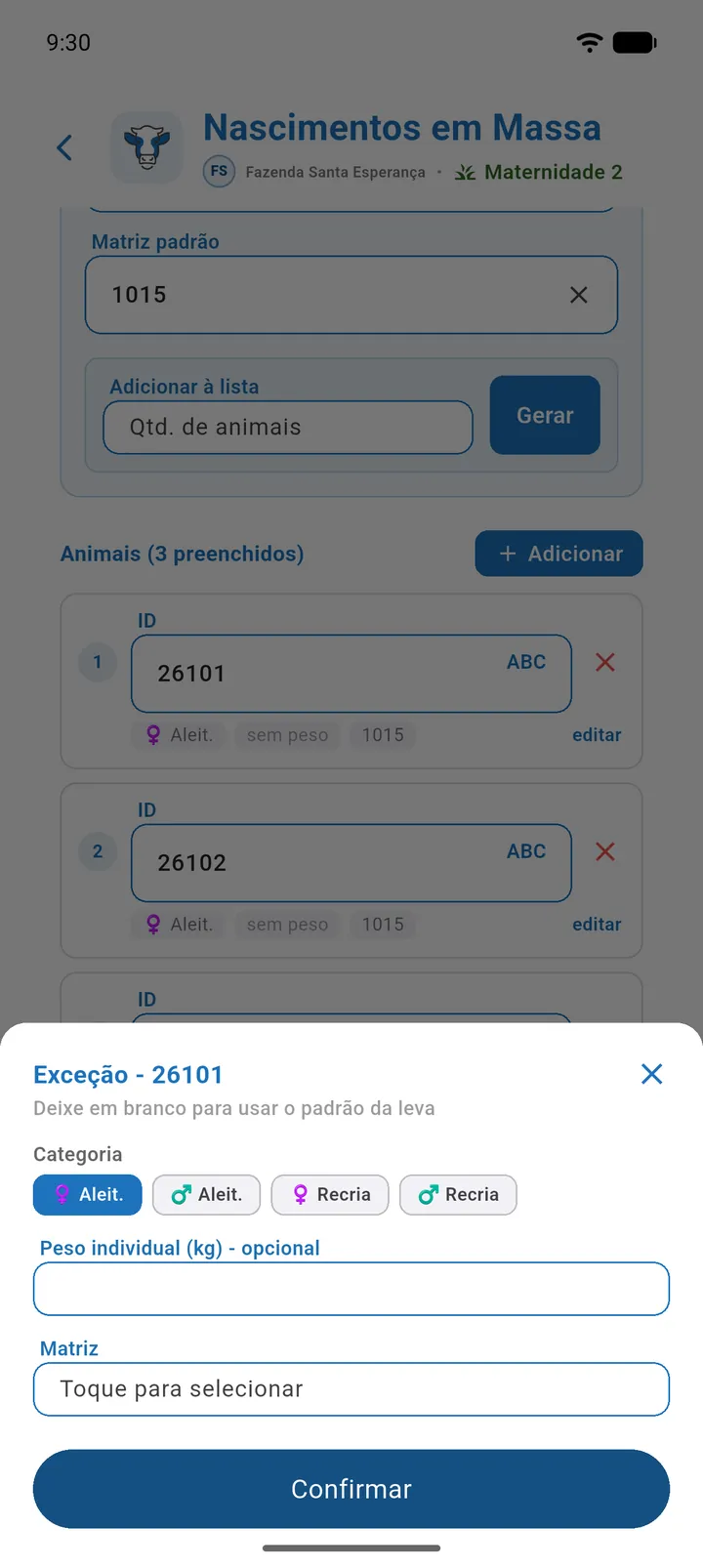 Diálogo Exceção de um bezerro com Categoria, Peso individual e Matriz