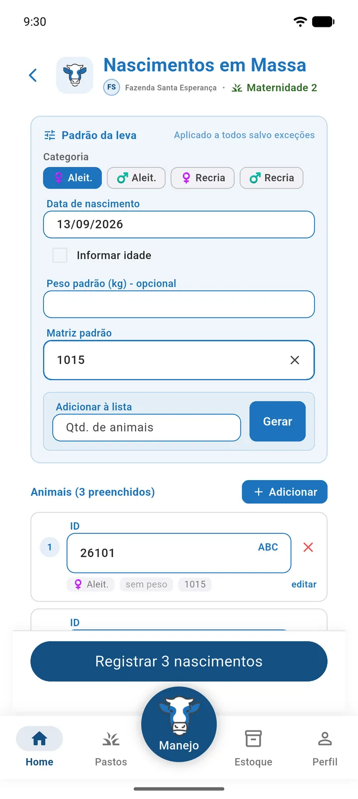 Tela Nascimentos em Massa com o cartão Padrão da leva e a lista de animais