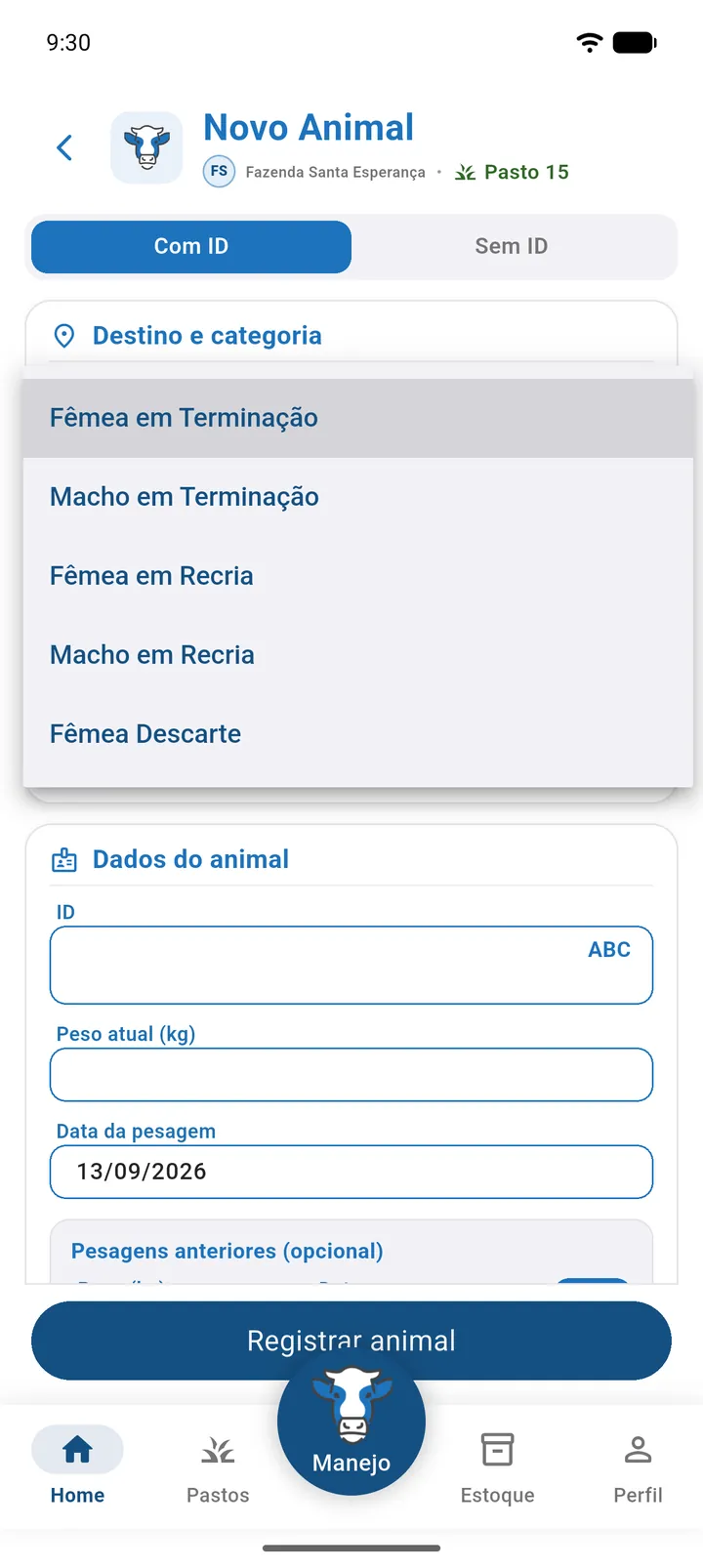 Lista de categorias aberta na tela Novo Animal