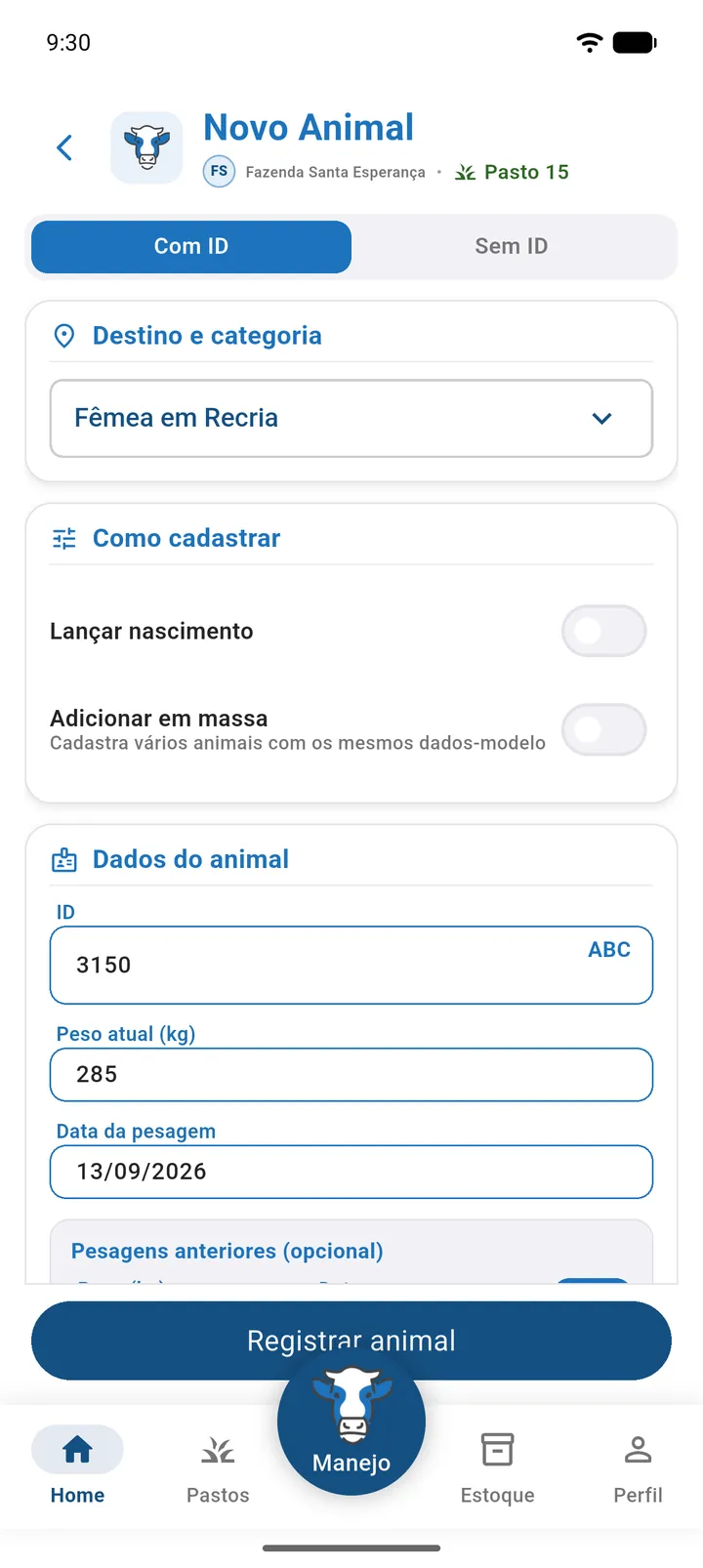 Tela Novo Animal, aba Com ID, com as seções Destino e categoria e Dados do animal preenchidas