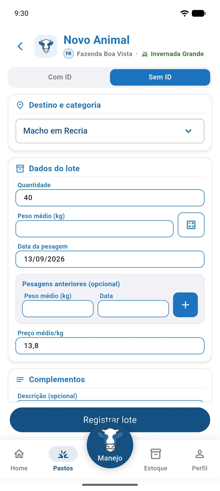 Tela Novo Animal, aba Sem ID, com Quantidade, Peso médio, botão da calculadora e Preço médio/kg