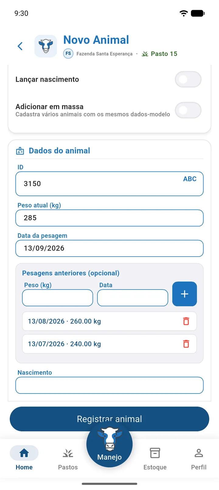 Seção Pesagens anteriores com duas pesagens adicionadas e o botão de lixeira