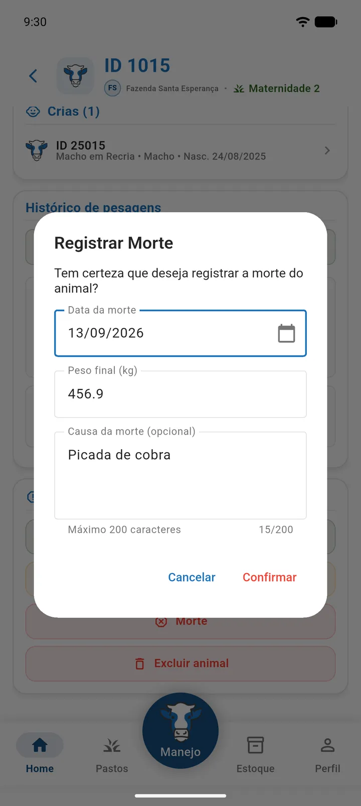 Diálogo Registrar Morte com Data da morte, Peso final e Causa da morte