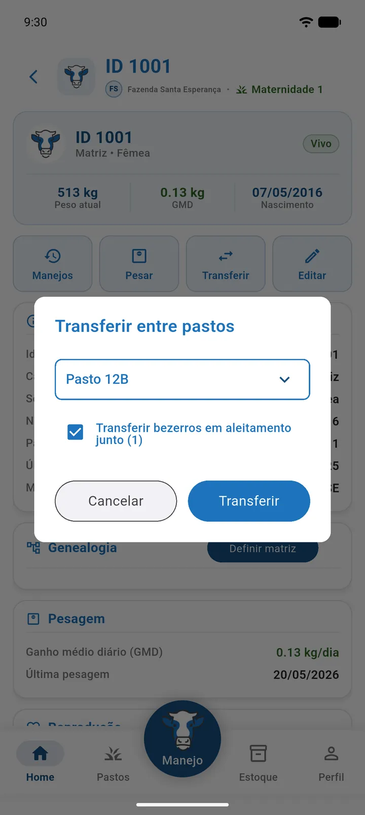 Diálogo de transferência de pasto de uma matriz com a opção de levar os bezerros