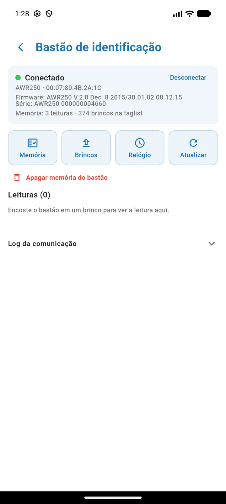 Tela do bastão conectada, com o status, os dados do bastão e as ações Memória, Brincos, Relógio e Atualizar