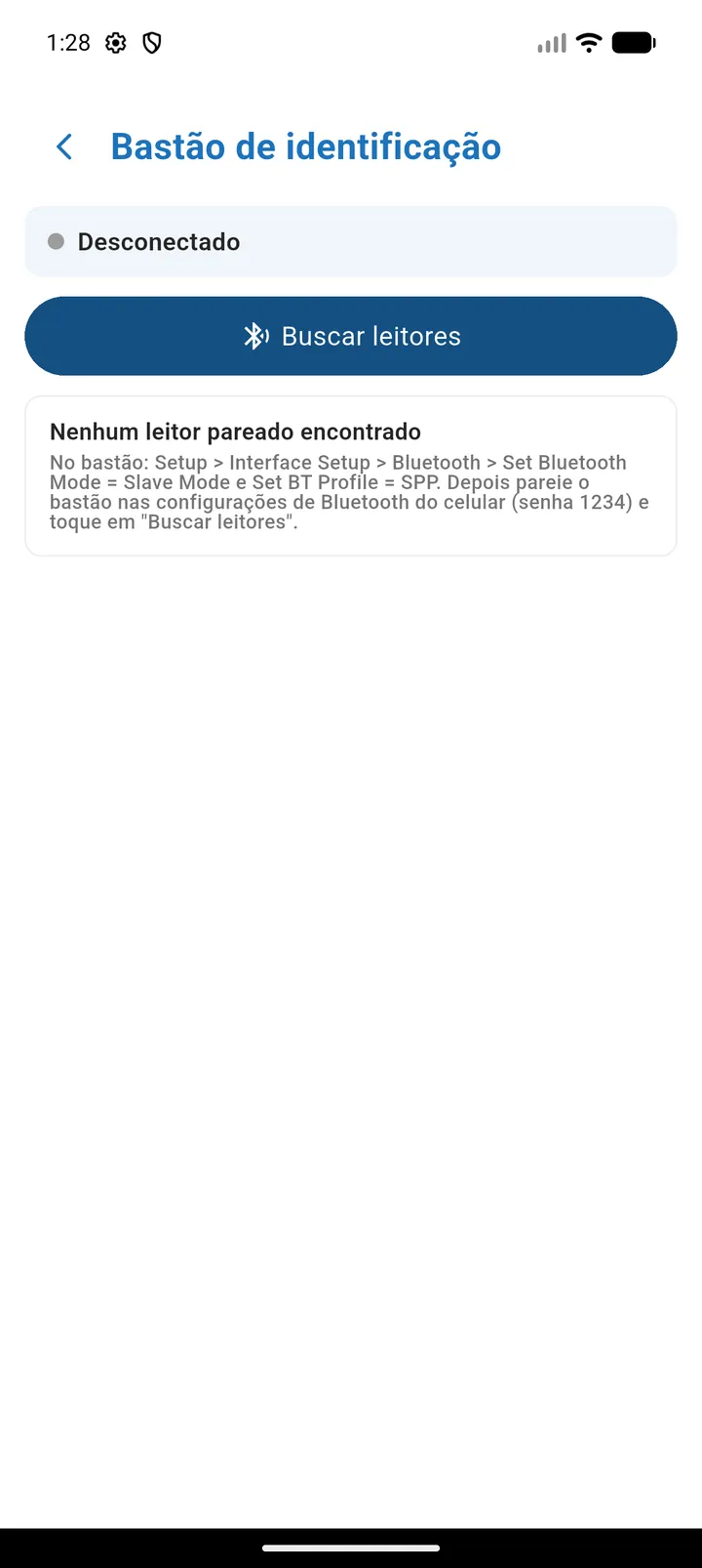 Tela Bastão de identificação desconectada, com o botão Buscar leitores e a orientação para configurar e parear o bastão