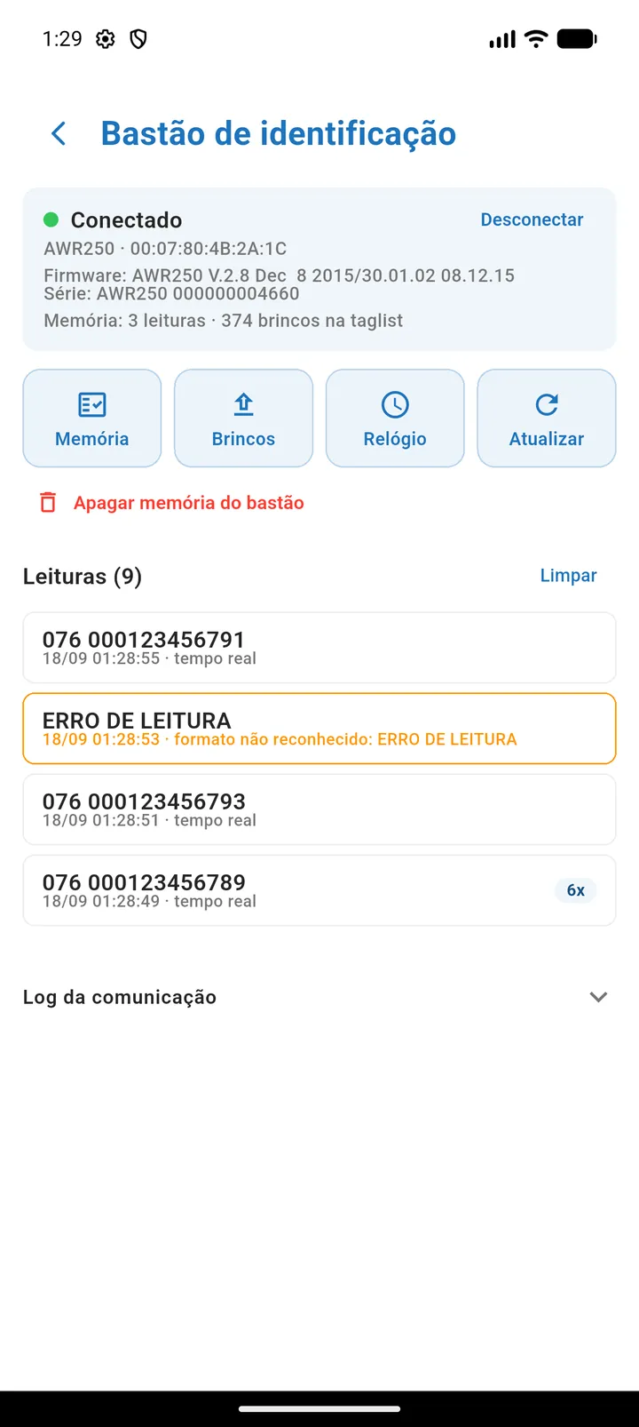 Lista de leituras com três brincos lidos, uma leitura repetida marcada com 6x e uma leitura em formato não reconhecido destacada em laranja