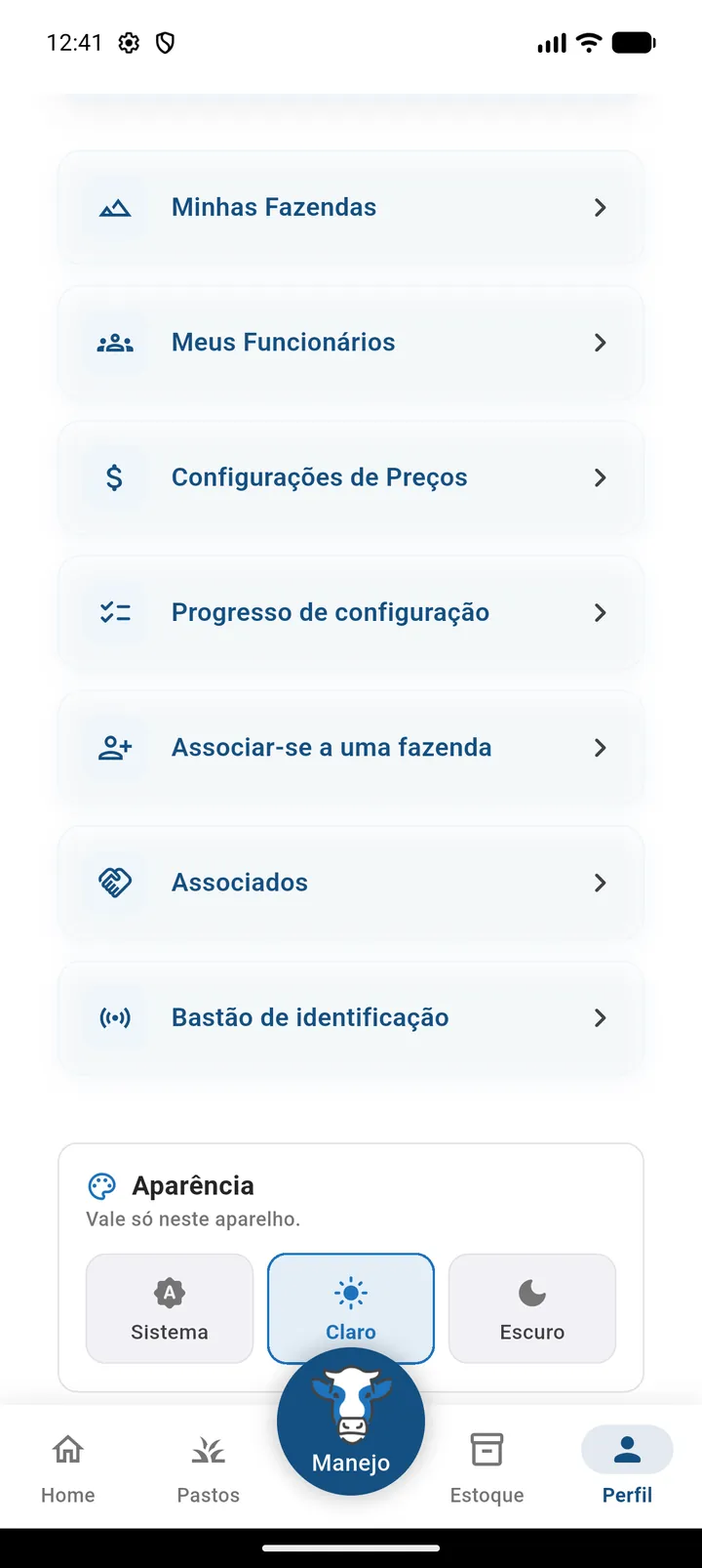 Tela Perfil com o atalho Bastão de identificação na lista de opções