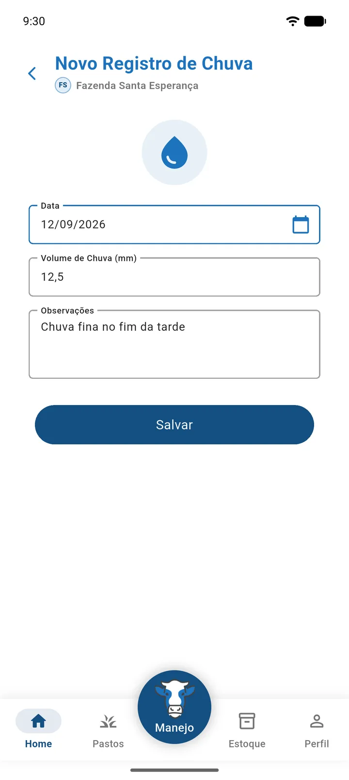 Tela Novo Registro de Chuva com a data, o volume 12,5 e uma observação preenchidos