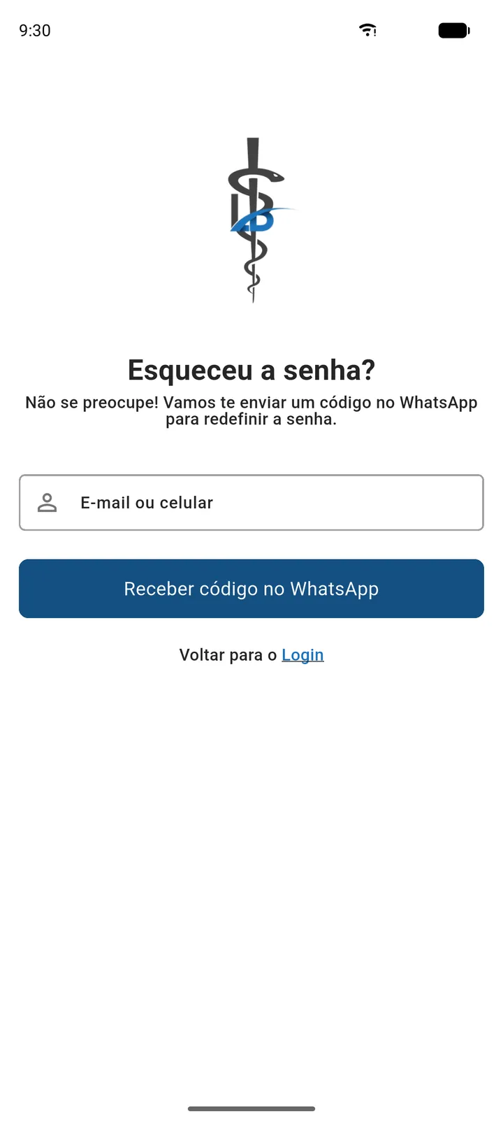 Tela Esqueceu a senha? com o campo E-mail ou celular e o botão Receber código no WhatsApp