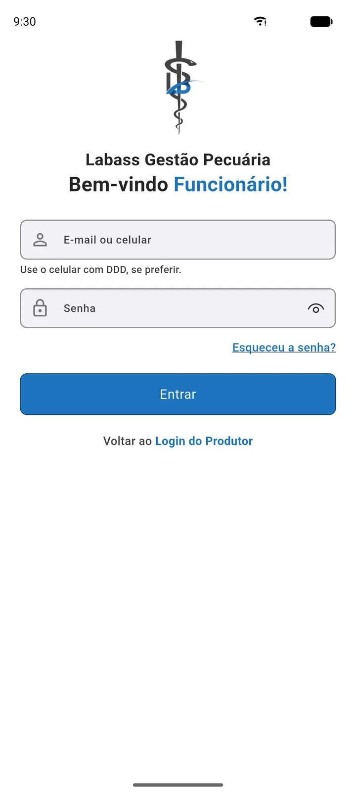 Tela de Login do Funcionário com o campo E-mail ou celular e a dica Use o celular com DDD