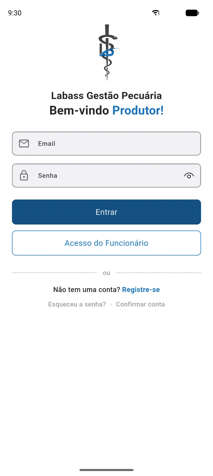 Tela de Login do Produtor com os campos Email e Senha e os links Esqueceu a senha?, Confirmar conta, Registre-se e Acesso do Funcionário