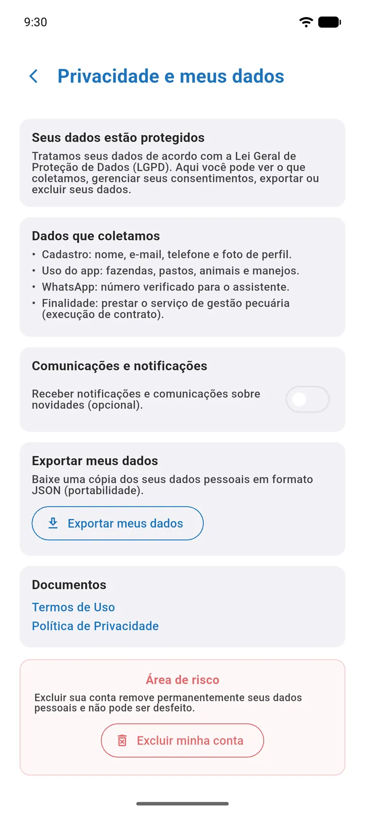 Tela Privacidade e meus dados com os dados coletados, a chave de comunicações, Exportar meus dados e os documentos