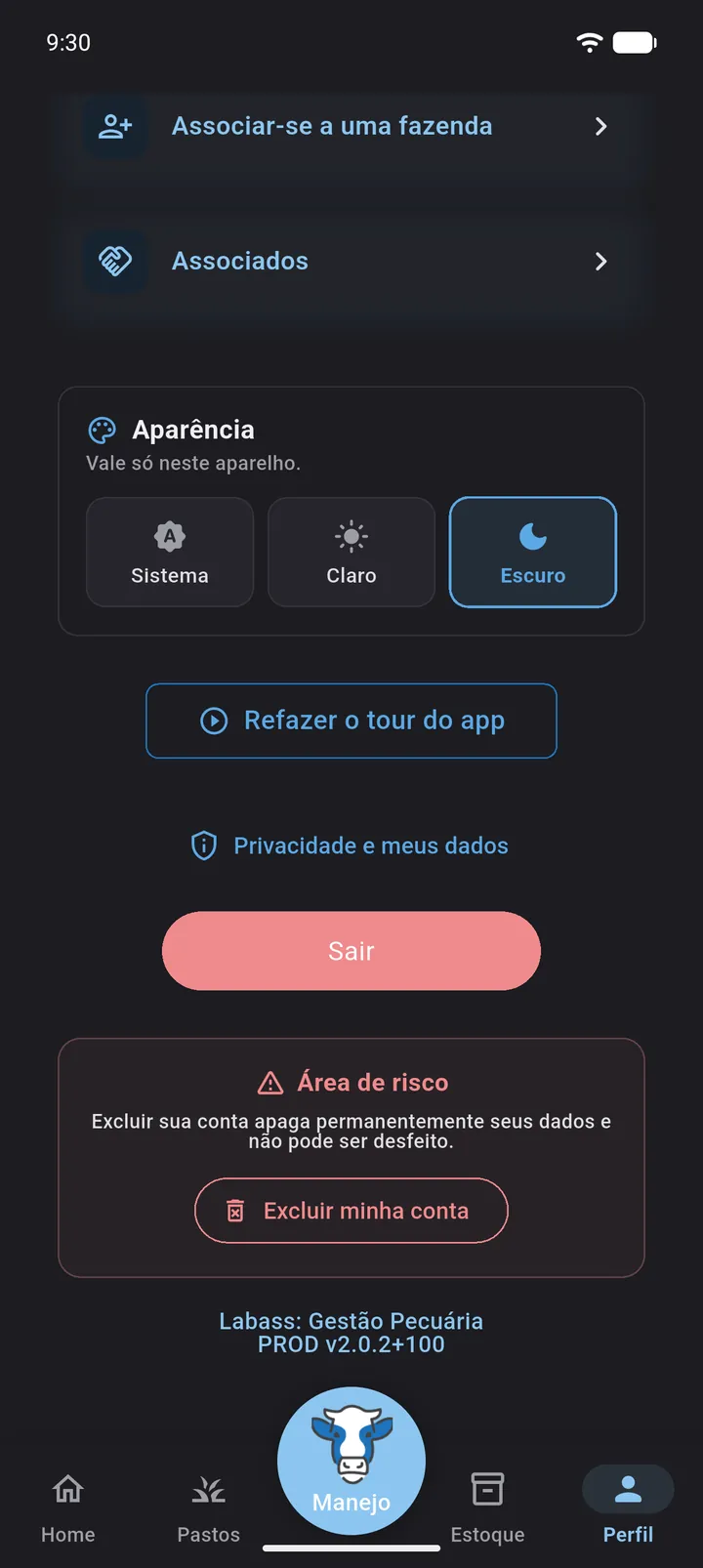 Bloco Aparência no Perfil com as opções Sistema, Claro e Escuro e a tela do app no tema escuro
