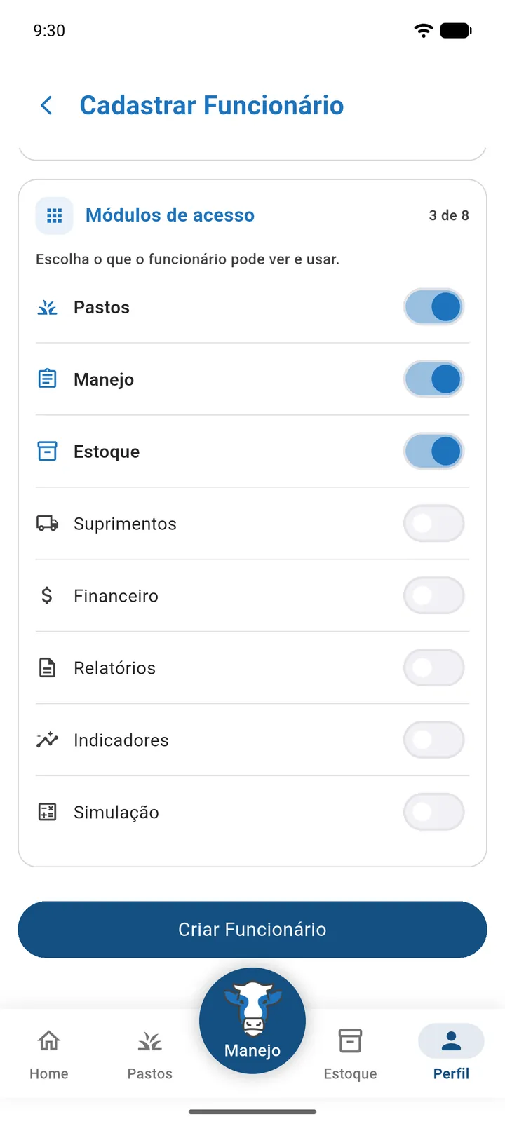 Tela de cadastro de funcionário com fazenda, senha, nome, celular e módulos de acesso marcados (parte 2)