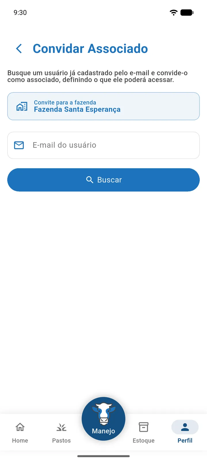 Tela Convidar Associado com o usuário encontrado pelo e-mail e as permissões de acesso marcadas