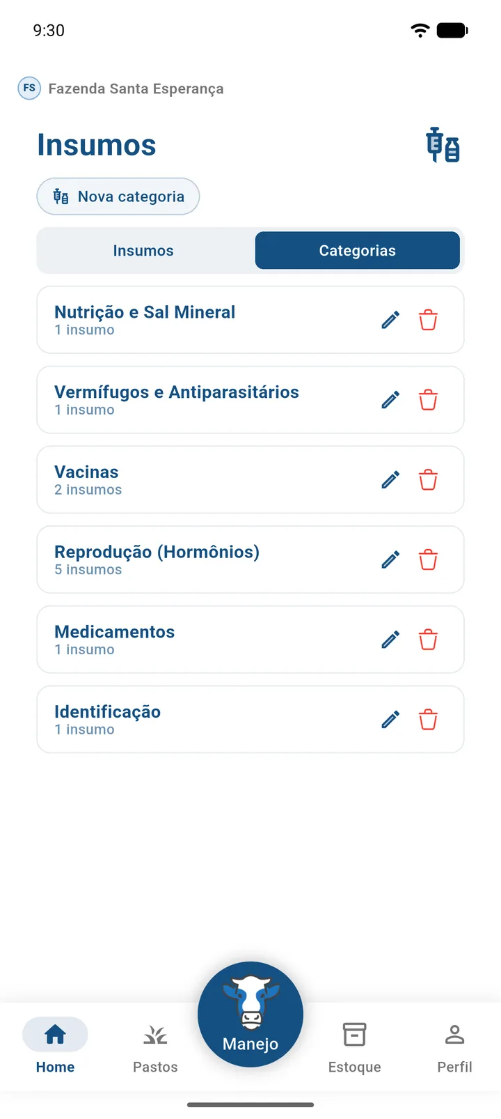 Aba Categorias da tela Insumos com o botão Nova categoria e cartões mostrando nome e quantidade de insumos