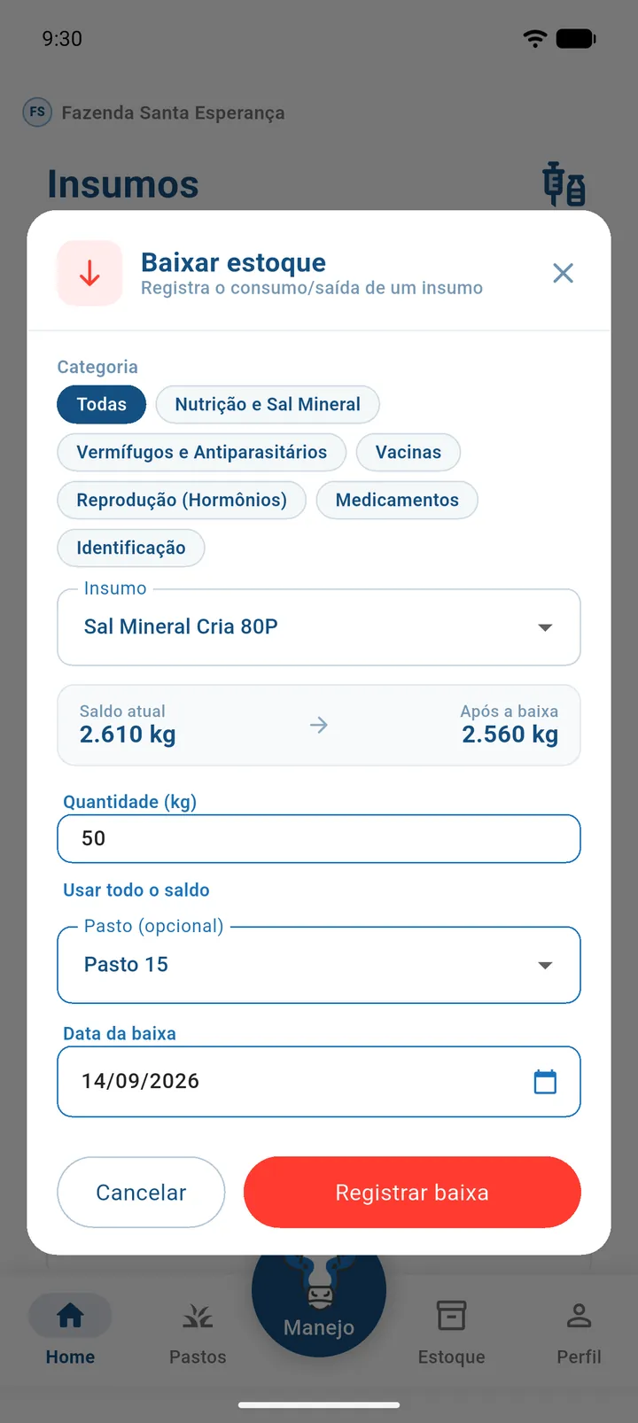 Janela Baixar estoque com o insumo Ração selecionado, quantidade 50 kg, pasto Piquete 3 e a prévia do saldo após a baixa
