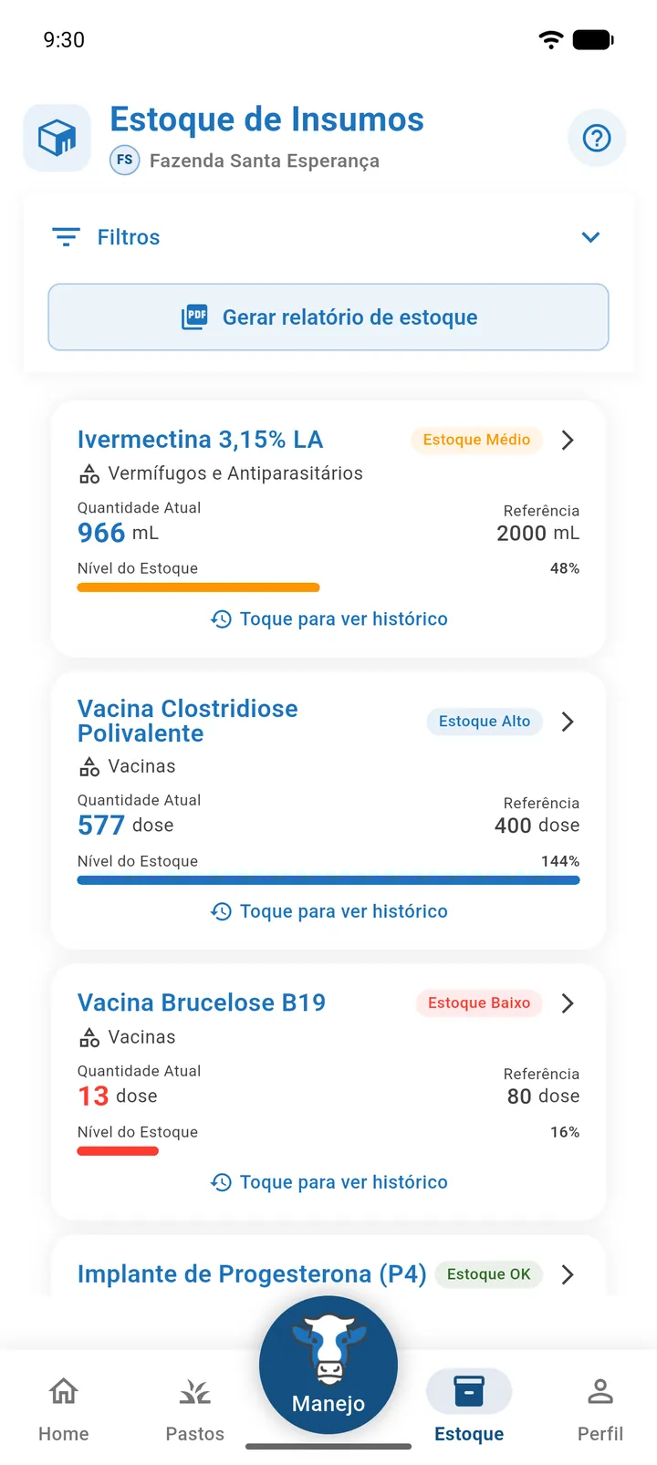 Tela Estoque de Insumos com a barra de filtros recolhida, o botão Gerar relatório de estoque e cartões com etiquetas Estoque Baixo, Médio, OK e Alto