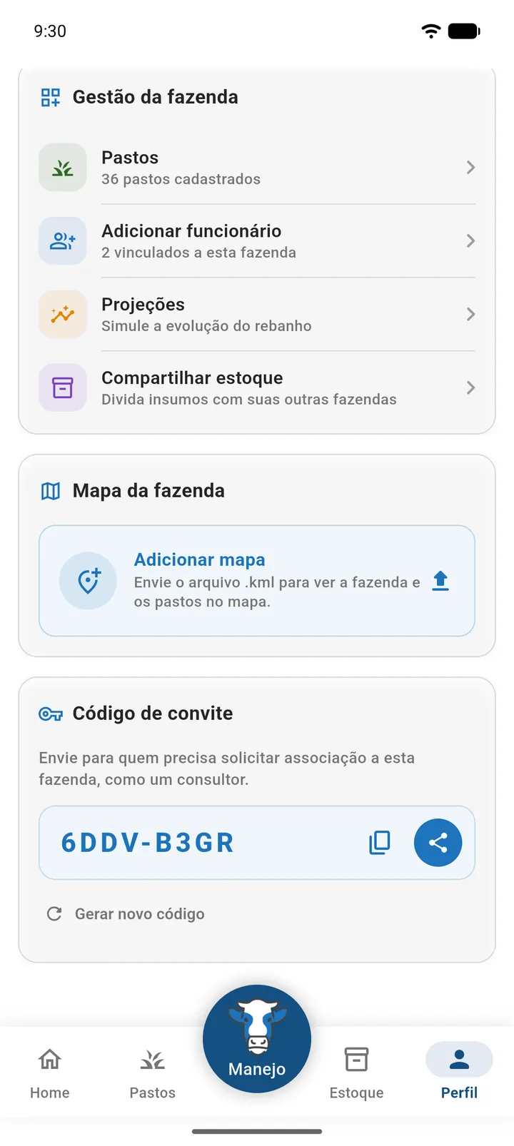 Seção Código de convite com o código, os botões Copiar e Compartilhar e a opção Gerar novo código