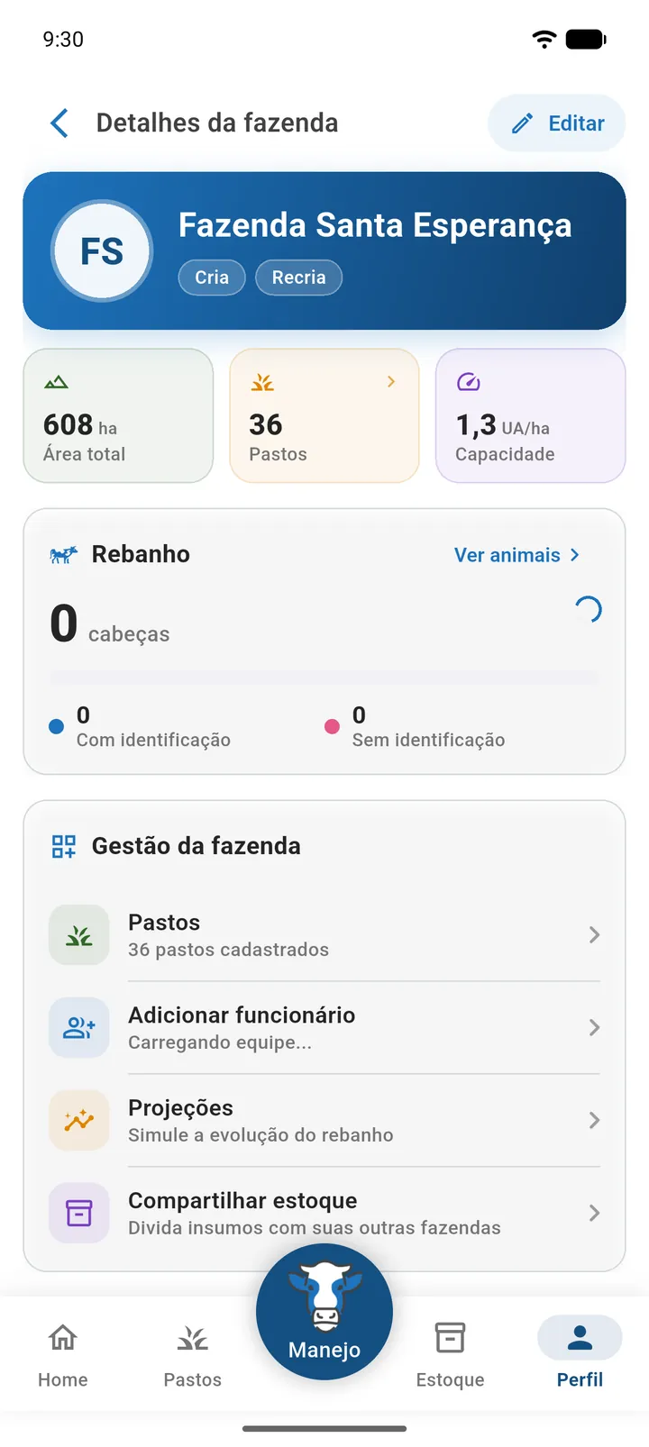 Tela Detalhes da fazenda mostrando o cartão principal, os indicadores Área total, Pastos e Capacidade e o bloco Rebanho