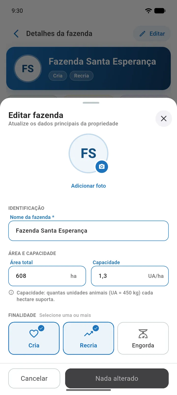 Painel Editar fazenda aberto, com os grupos Identificação, Área e capacidade e Finalidade