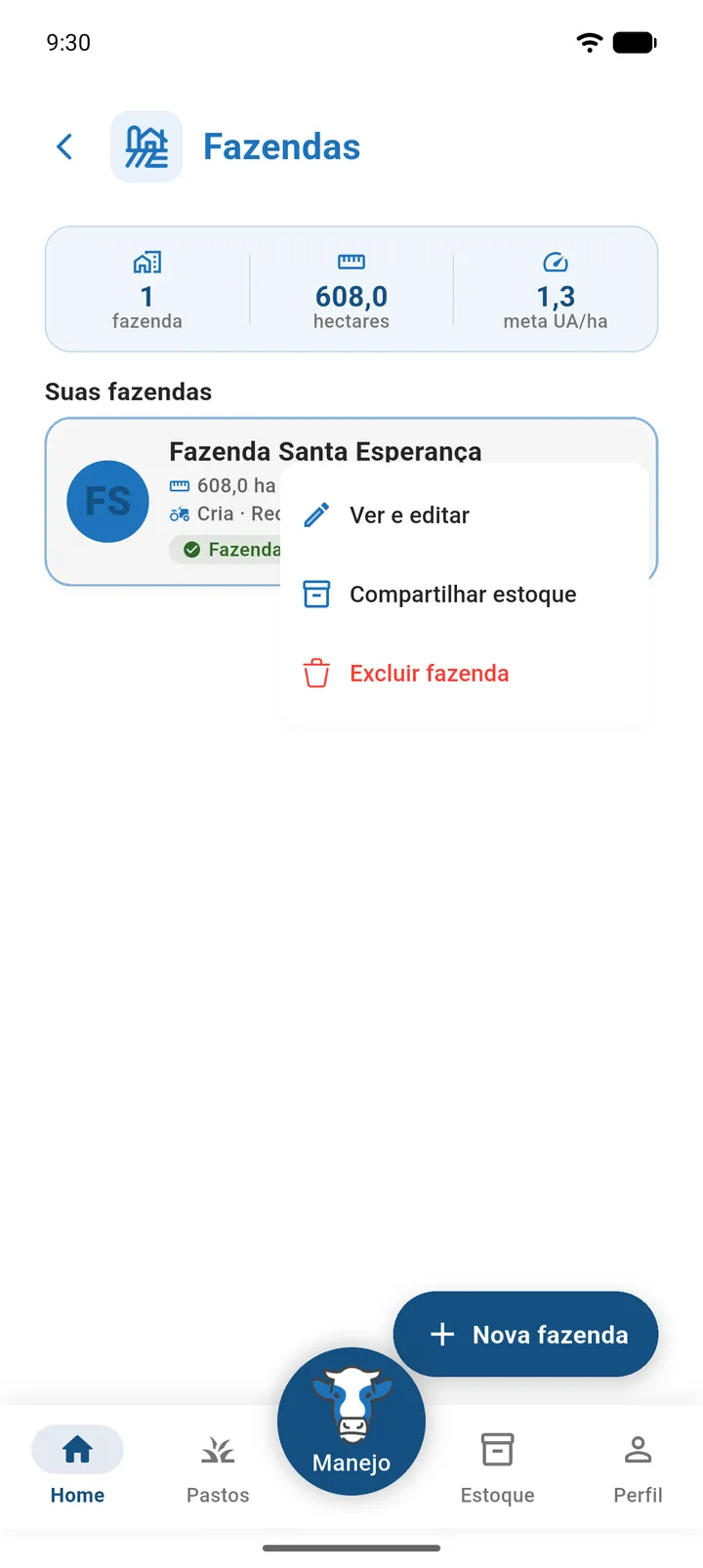 Menu de ações da fazenda aberto, com a opção Excluir fazenda em vermelho