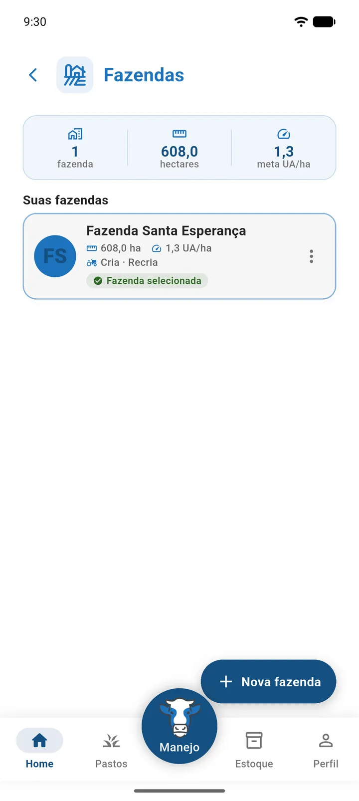 Tela Fazendas com o cartão de resumo, a barra "Suas fazendas" e dois cartões de fazenda, um deles com o selo "Fazenda selecionada"