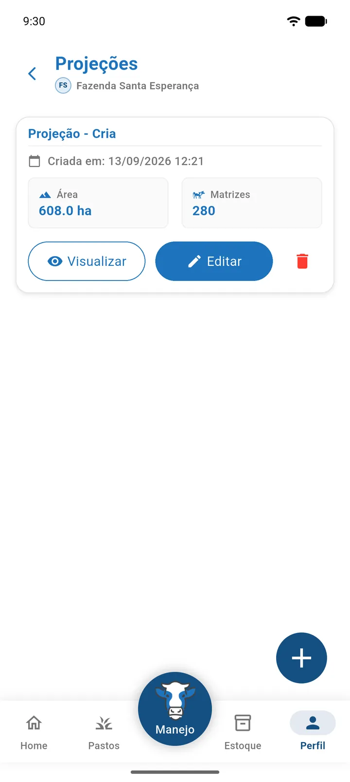 Tela Projeções com dois cartões, um de Cria e um de Recria/Engorda, com os botões Visualizar, Editar e Excluir