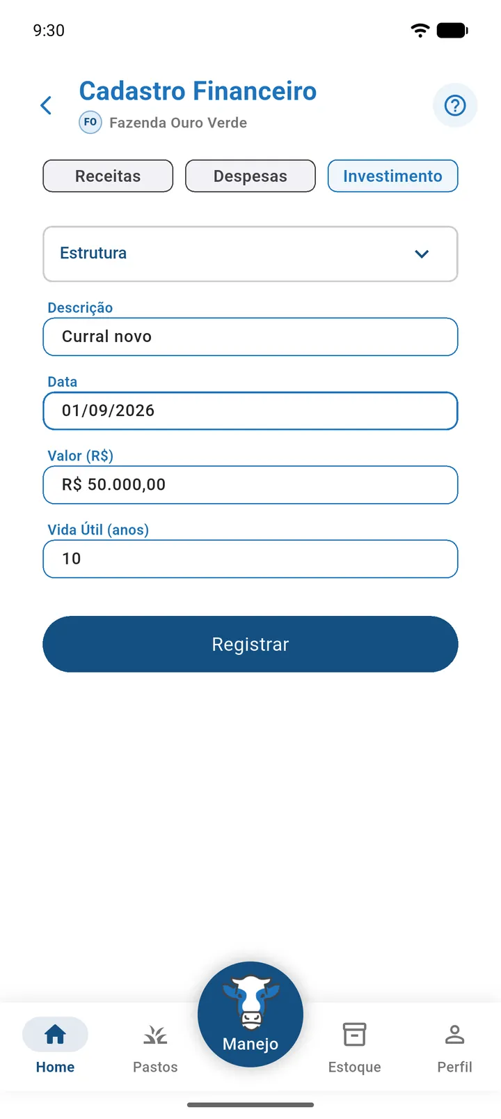 Aba Investimento com Investimento de Estrutura, descrição Curral novo, valor R$ 50.000,00 e Vida Útil 10