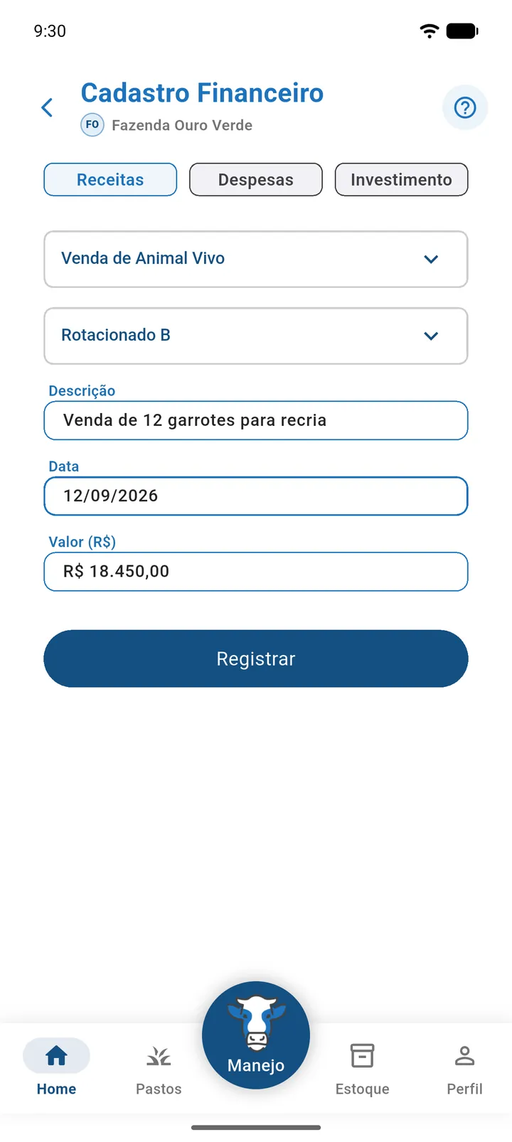 Tela Cadastro Financeiro, aba Receitas, com Venda de, Pasto, Descrição, Data e Valor preenchidos