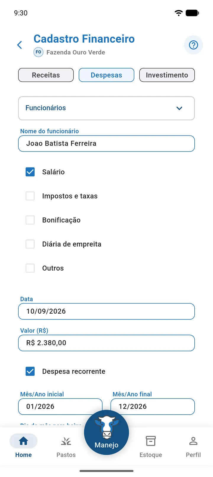 Aba Despesas com Tipo de Despesa Funcionários, nome do funcionário preenchido e a opção Salário marcada