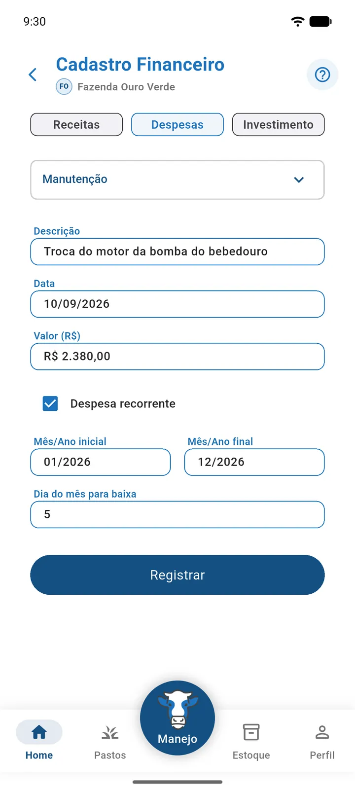 Aba Despesas com Despesa recorrente marcada e os campos Mês/Ano inicial 01/2026, Mês/Ano final 12/2026 e Dia do mês para baixa 5